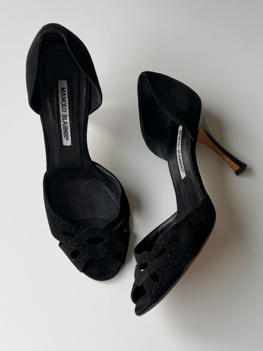 Vintage Manolo Blahnik black suede d’Orsay peep toe pumps, IT 38.5